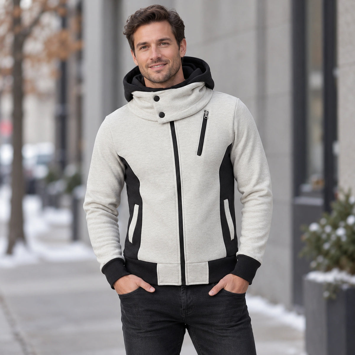 fleece jacket — Men's Hooded Color Block Zip Up Jacket — Patrick, Ivory with Black Panels, front three quarter view — view 4