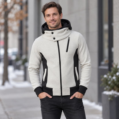 fleece jacket — Men's Hooded Color Block Zip Up Jacket — Patrick, Ivory with Black Panels, front three quarter view — view 4