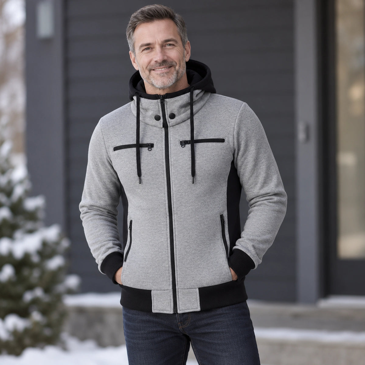 fleece jacket — Men's Hooded Color Block Zip Up Jacket — Patrick, Heather Gray with Black Panels, front three — view 5