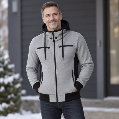 fleece jacket — Men's Hooded Color Block Zip Up Jacket — Patrick, Heather Gray with Black Panels, front three — view 5