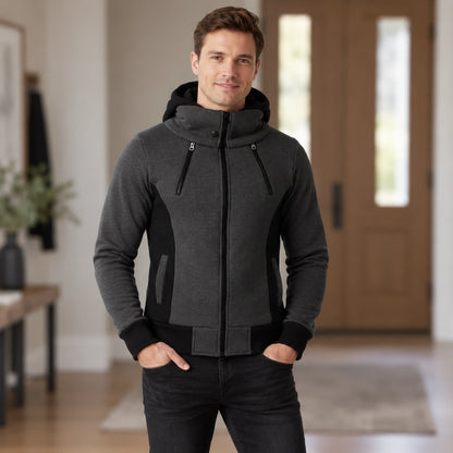 fleece jacket — Men's Hooded Color Block Zip Up Jacket — Patrick, Charcoal with Black Panels, front three quarter — view 6