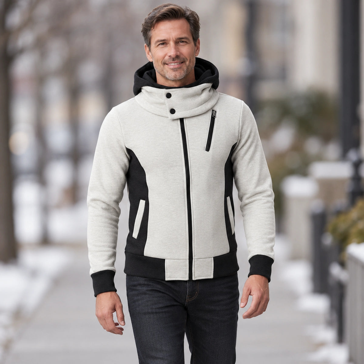 fleece jacket — Men's Hooded Color Block Zip Up Jacket — Patrick, Ivory with Black Panels, outdoor view, worn by an — view 7