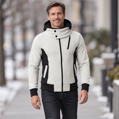 fleece jacket — Men's Hooded Color Block Zip Up Jacket — Patrick, Ivory with Black Panels, outdoor view, worn by an — view 7