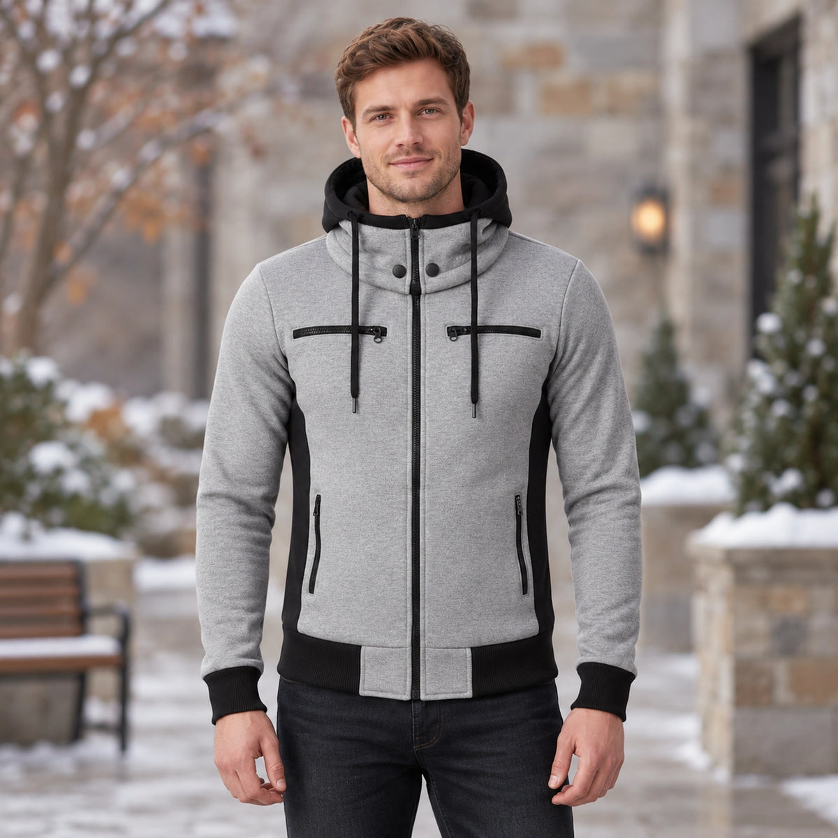 fleece jacket — Men's Hooded Color Block Zip Up Jacket — Patrick, Heather Gray with Black Panels, outdoor view, worn — view 8