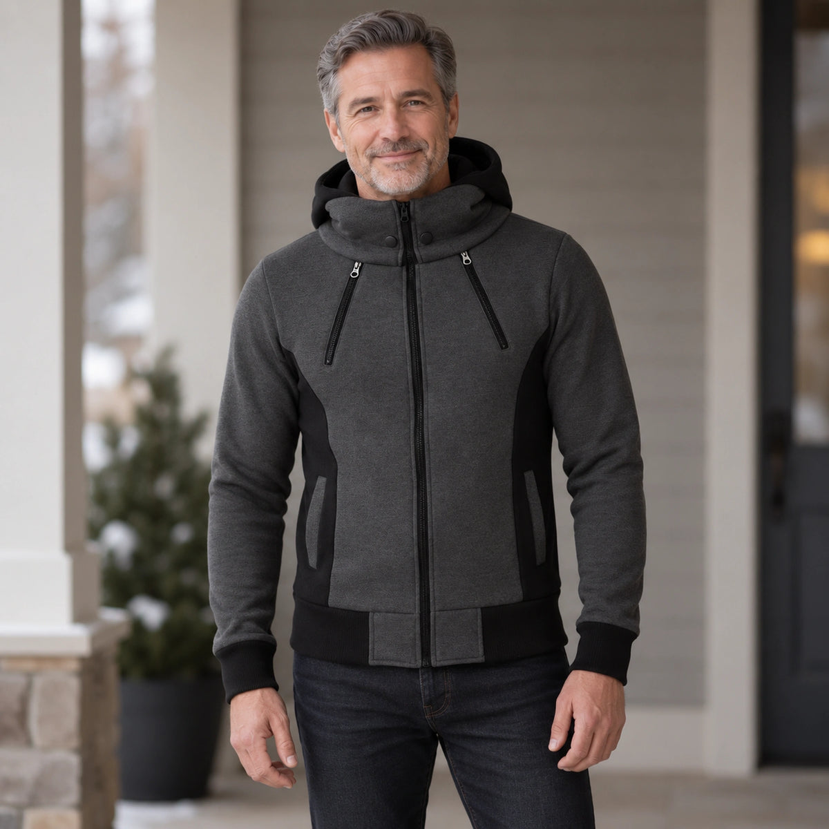 fleece jacket — Men's Hooded Color Block Zip Up Jacket — Patrick, Charcoal with Black Panels, front three quarter — view 9