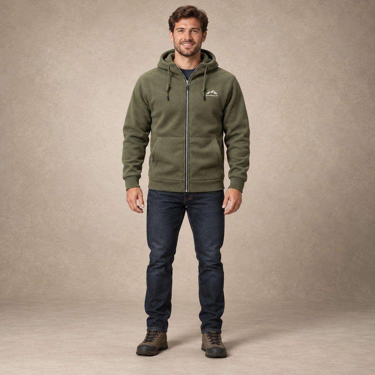 Men's Hooded Full Zip Fleece Jacket — Sören, Olive Green, complete front view, worn by an adult model, professional image