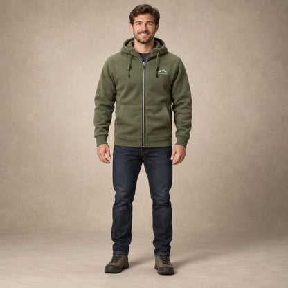 Men's Hooded Full Zip Fleece Jacket — Sören, Olive Green, complete front view, worn by an adult model, professional image