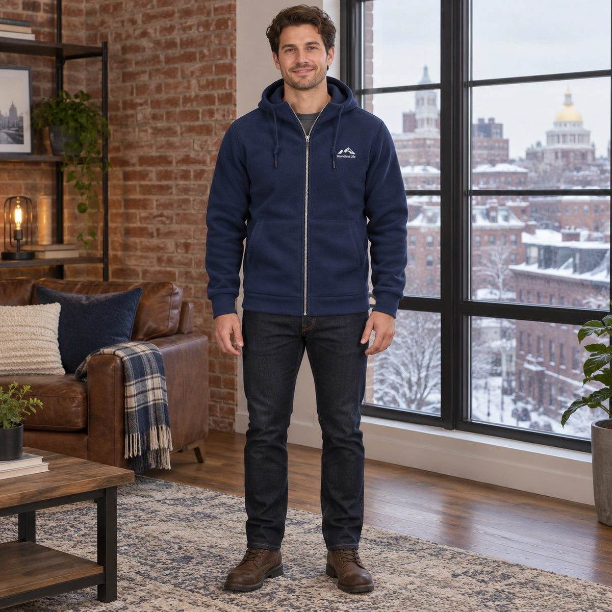 Men's Hooded Full Zip Fleece Jacket — Sören, Navy Blue, complete front view, worn by an adult model, Usa and Canada — view 3