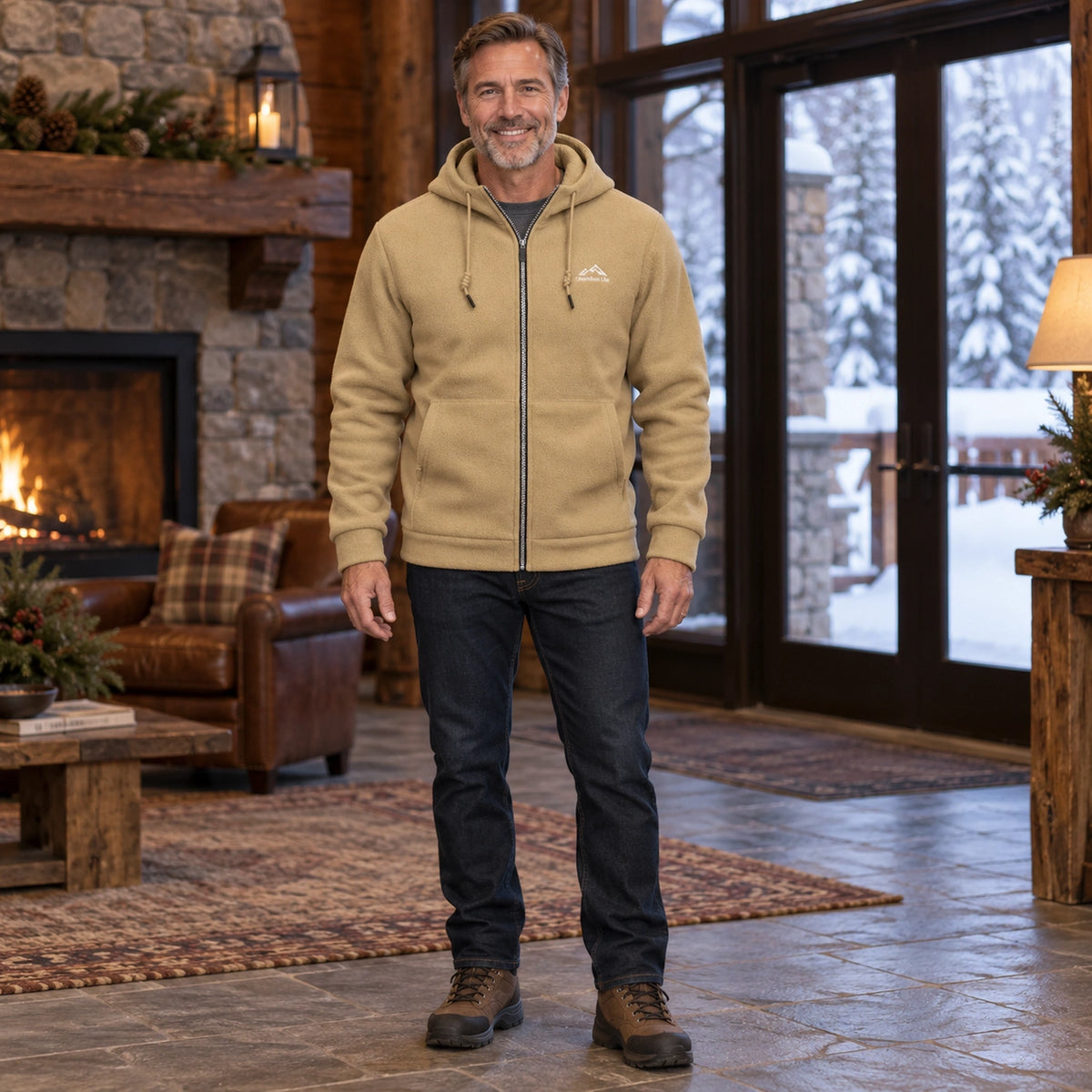 Men's Hooded Full Zip Fleece Jacket — Sören, Khaki, complete front view, worn by an adult model, Usa and Canada — view 4