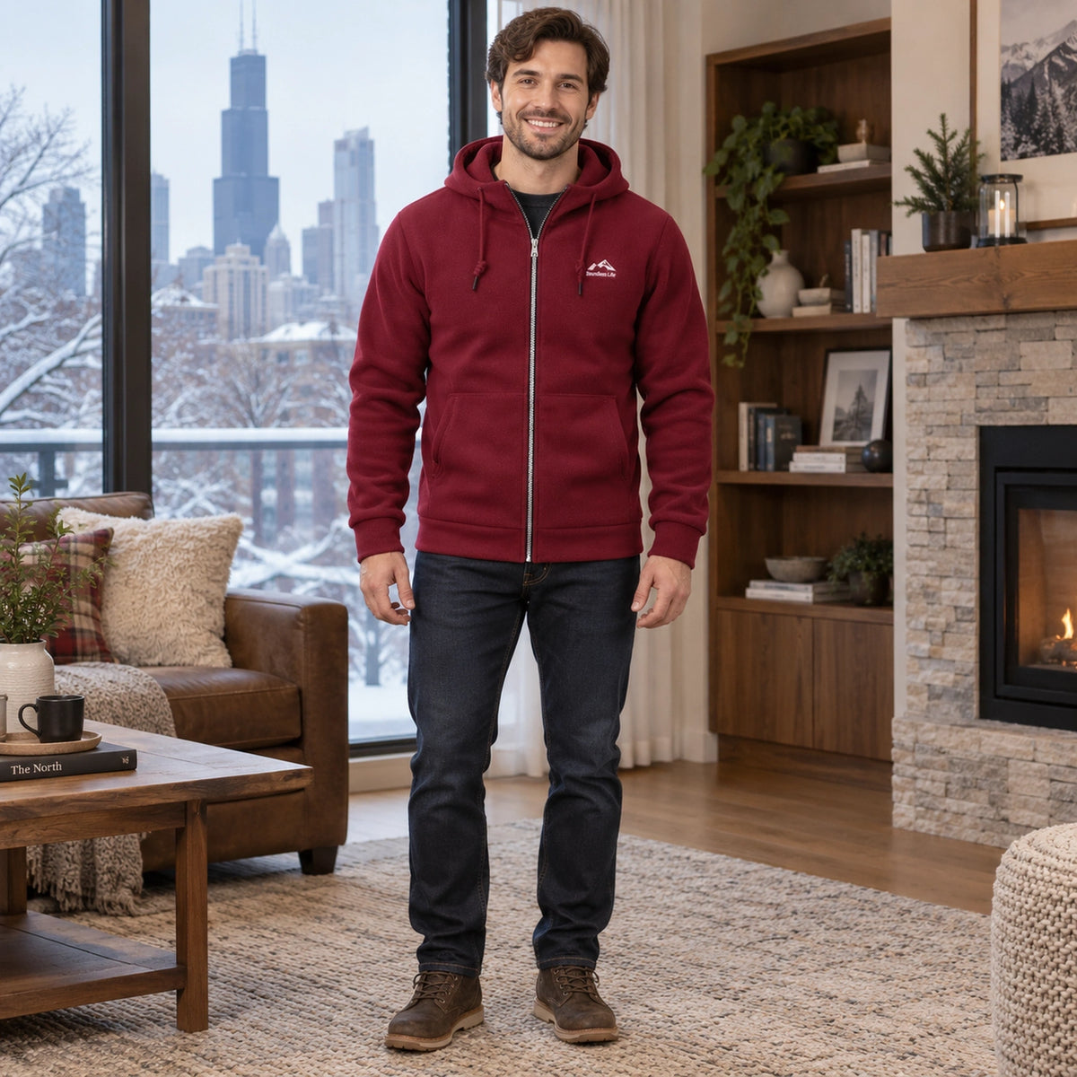 Men's Hooded Full Zip Fleece Jacket — Sören, Burgundy, complete front view, worn by an adult model, Usa and Canada — view 5