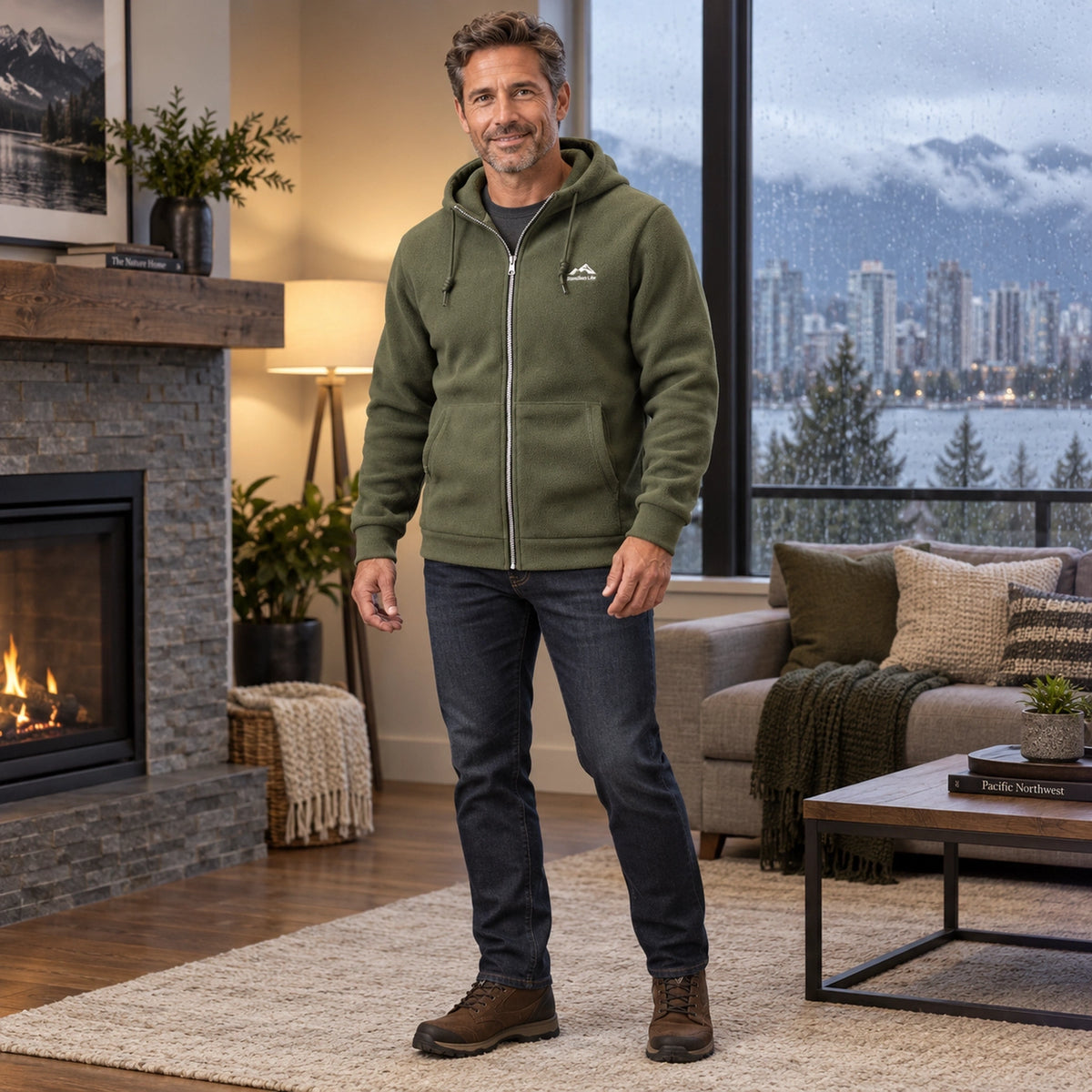Men's Hooded Full Zip Fleece Jacket — Sören, Olive Green, three quarter view, worn by an adult model, Usa and Canada — view 6