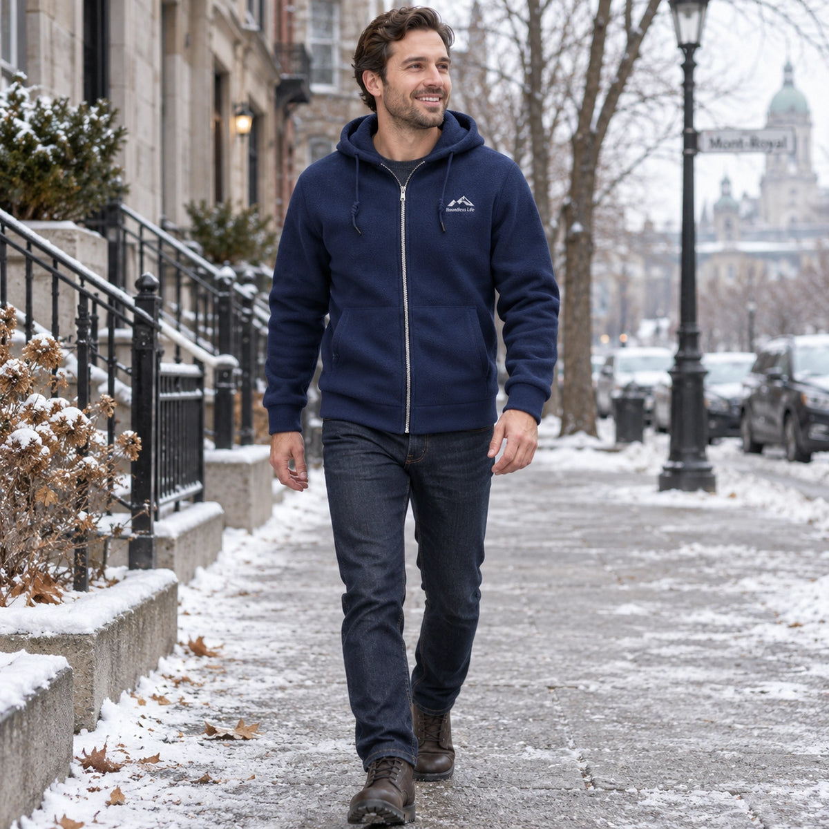 Men's Hooded Full Zip Fleece Jacket — Sören, Navy Blue, view, worn by an adult model, Usa and Canada — view 7