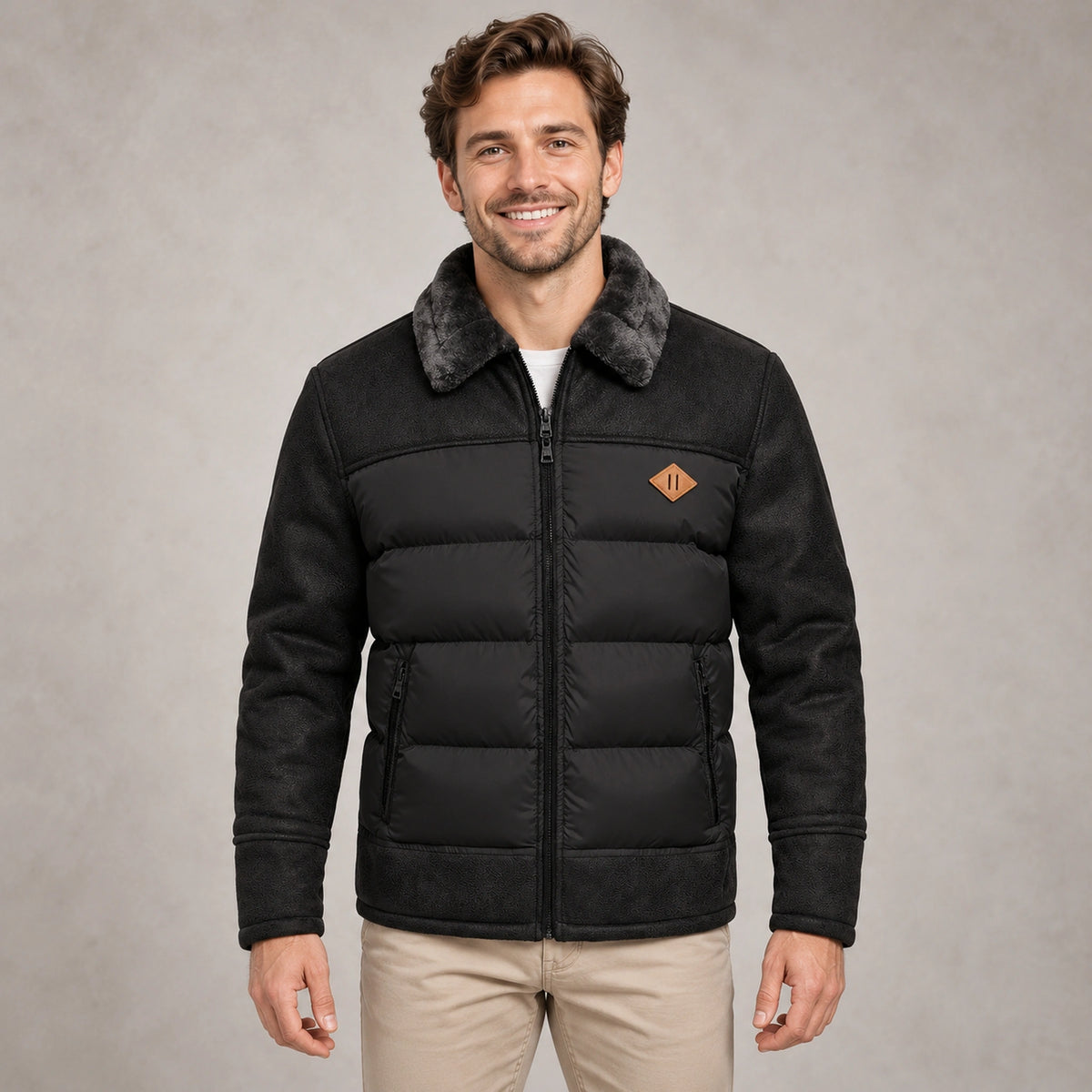 Black Jasper fleece jacket, complete front view on young model in warm neutral