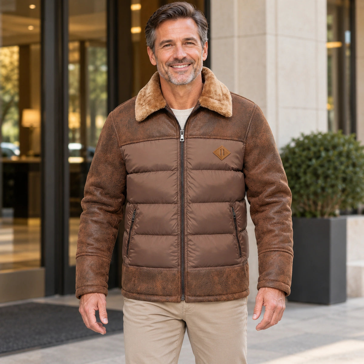 Brown Jasper fleece jacket, complete front view on mature model — view 2