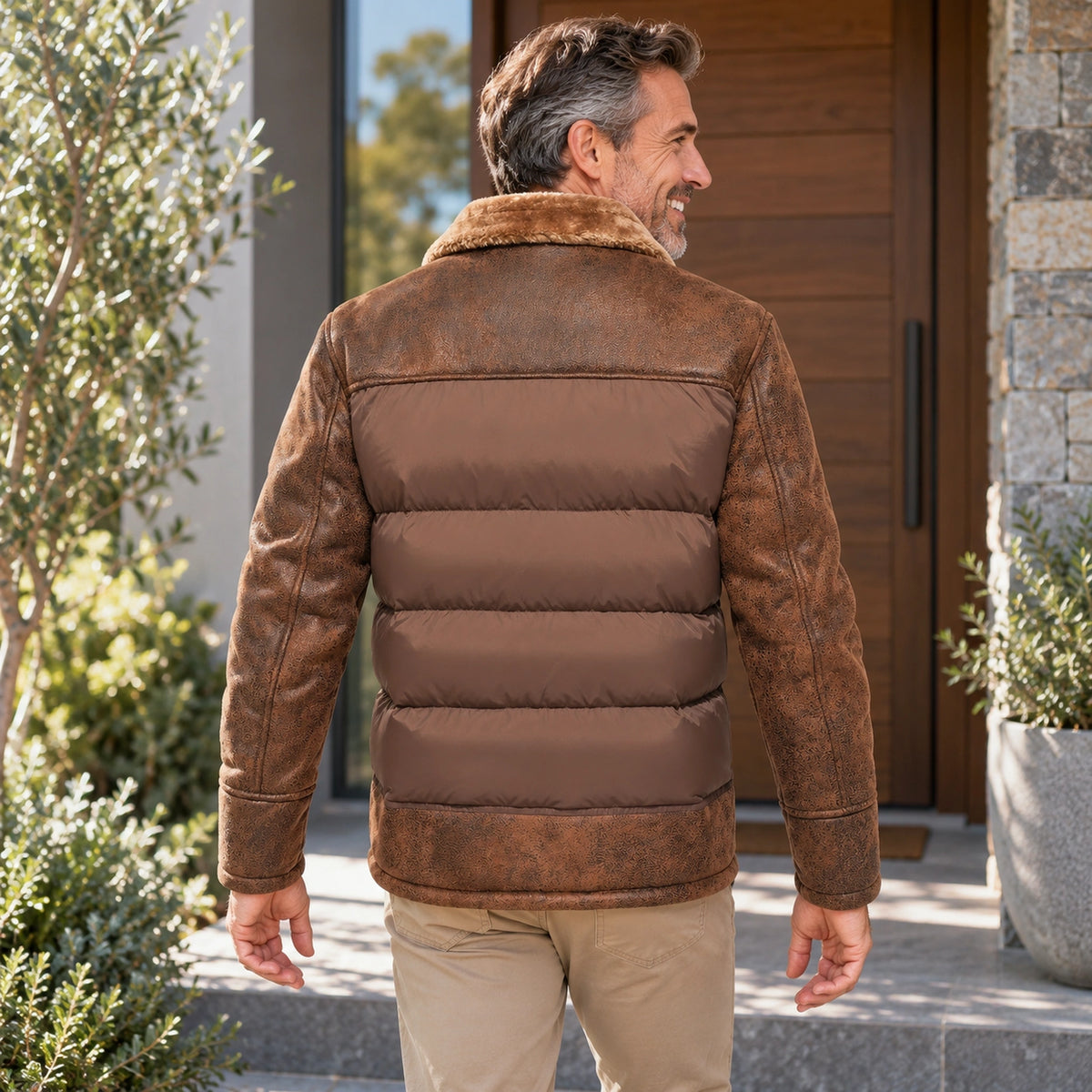 Brown Jasper fleece jacket, complete rear view on mature model — view 4