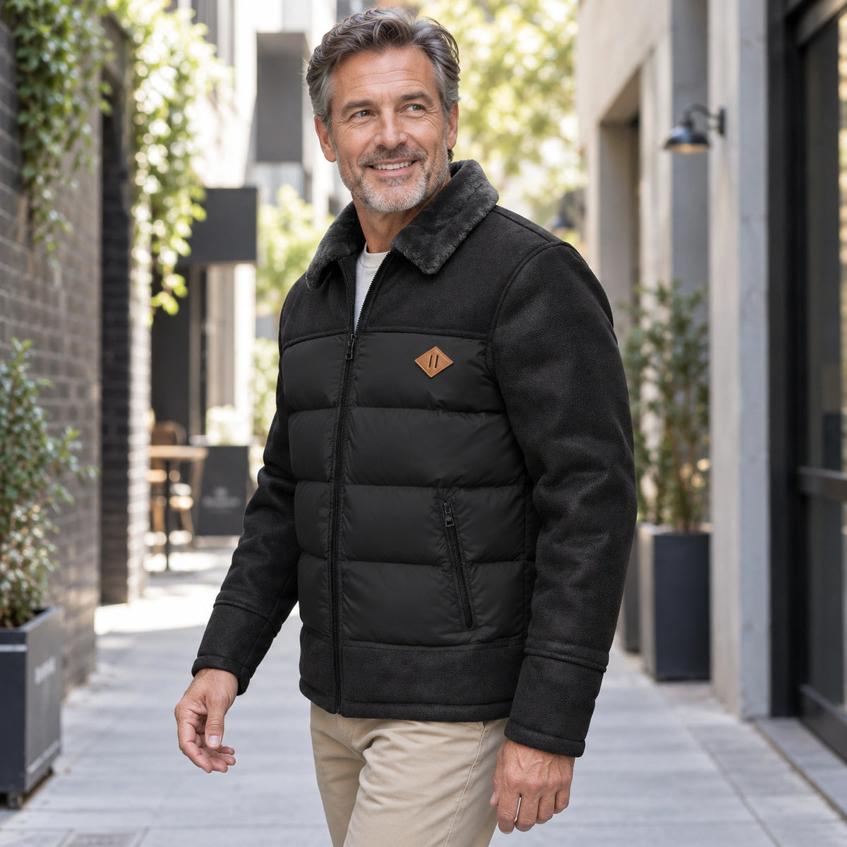 Black Jasper fleece jacket, angled profile on mature model — view 5