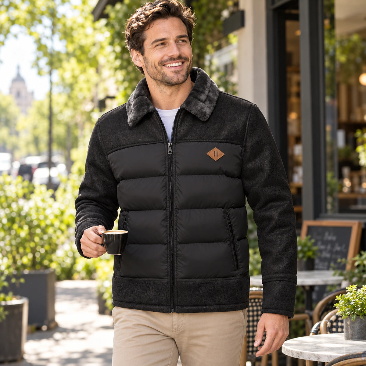Black Jasper fleece jacket, young model at a Melbourne cafe — view 7