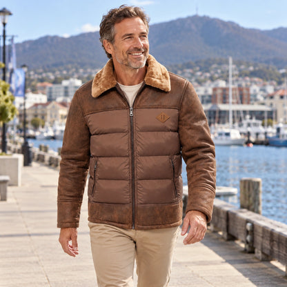 Brown Jasper fleece jacket, mature model walking at Hobart harbour — view 8