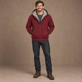 fleece jacket — Men's Fleece Lined Hooded Zip Up Jacket — Dario, Bordeaux Red, complete front view, worn by an adult model