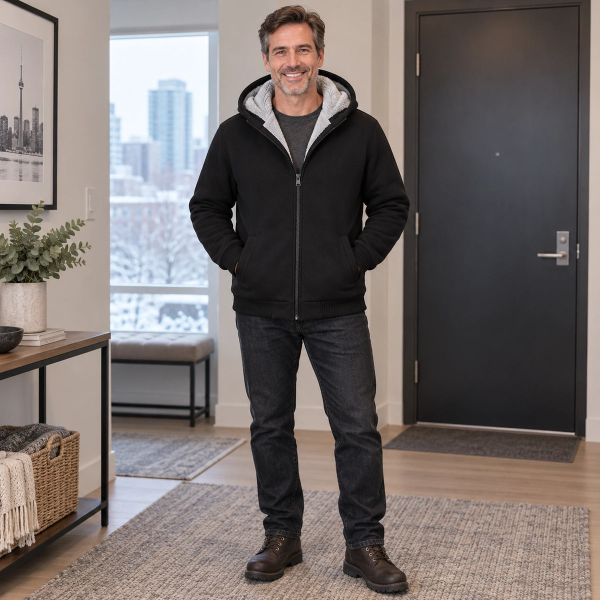 fleece jacket — Men's Fleece Lined Hooded Zip Up Jacket — Dario, Black, complete front view, worn by an adult model — view 2