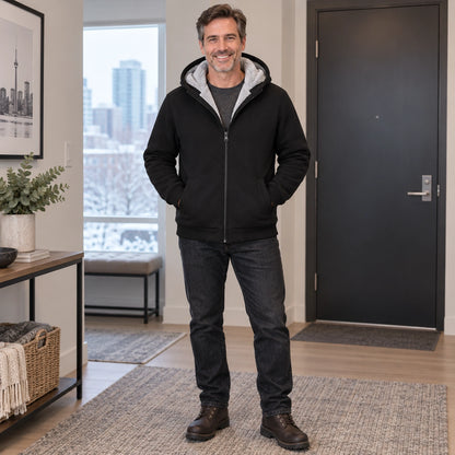 fleece jacket — Men's Fleece Lined Hooded Zip Up Jacket — Dario, Black, complete front view, worn by an adult model — view 2