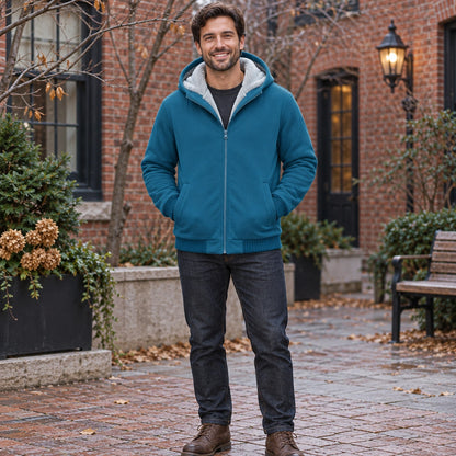 fleece jacket — Men's Fleece Lined Hooded Zip Up Jacket — Dario, Teal Blue, complete front view, worn by an adult — view 3