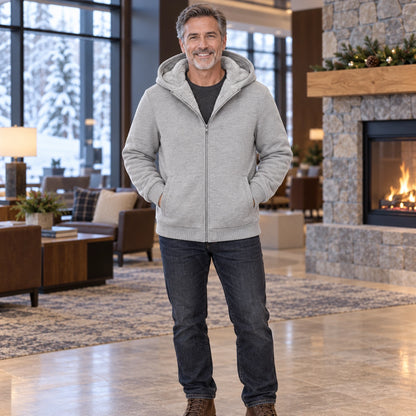 fleece jacket — Men's Fleece Lined Hooded Zip Up Jacket — Dario, Light Gray, complete front view, worn by an adult — view 4