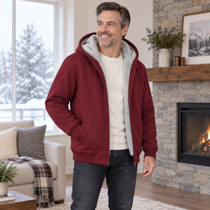 fleece jacket — Men's Fleece Lined Hooded Zip Up Jacket — Dario, Bordeaux Red, view, worn by an adult model, Usa and — view 5