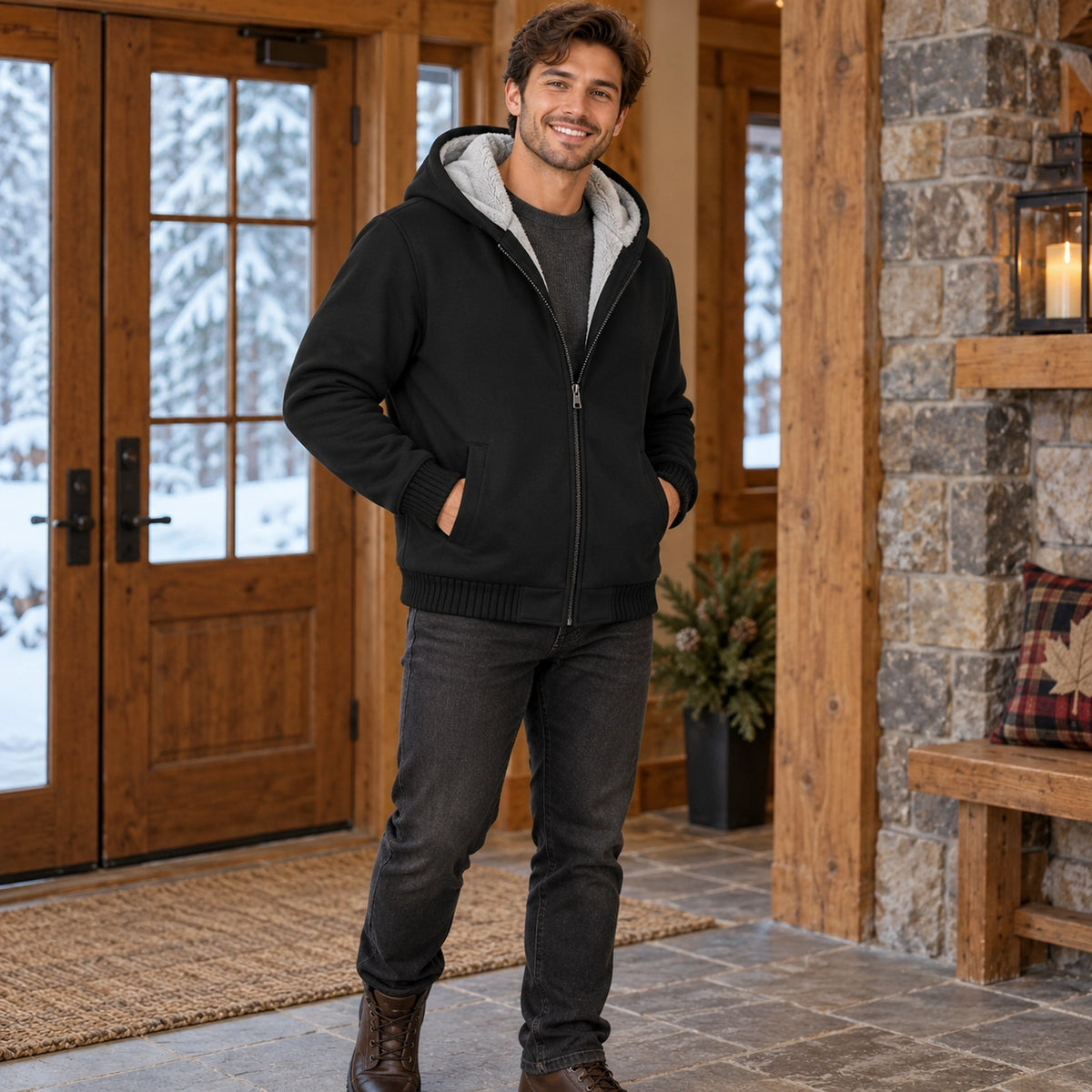 fleece jacket — Men's Fleece Lined Hooded Zip Up Jacket — Dario, Black, view, worn by an adult model, Usa and Canada — view 6