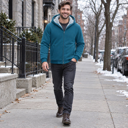 fleece jacket — Men's Fleece Lined Hooded Zip Up Jacket — Dario, Teal Blue, view, worn by an adult model, Usa and — view 7