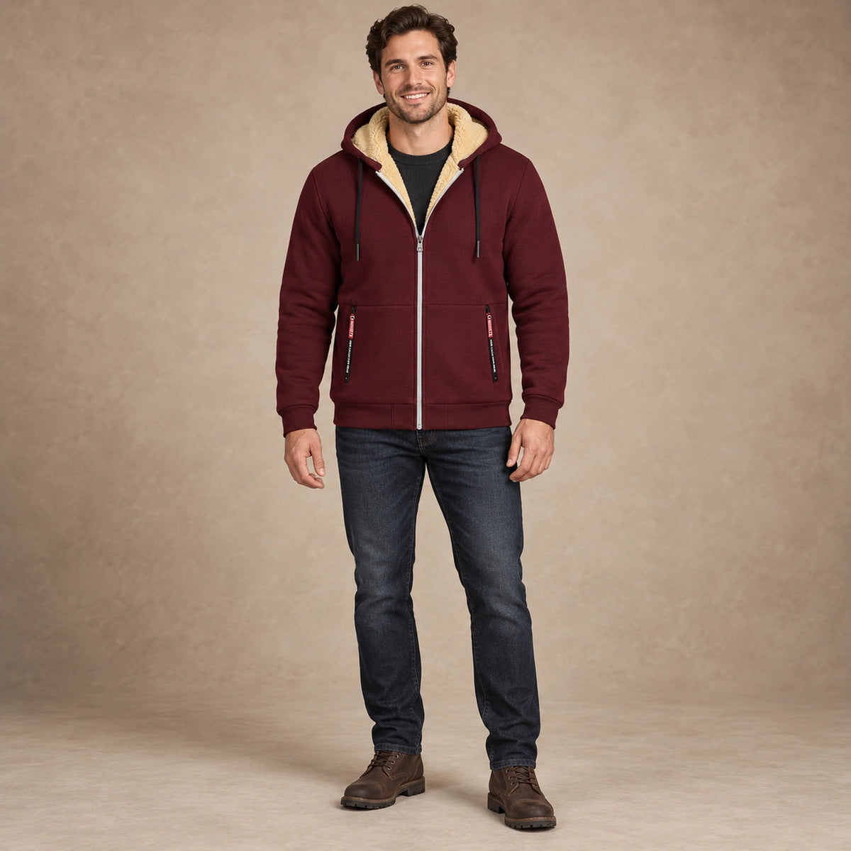 fleece jacket — Men's Fleece Lined Hooded Zip Up Jacket — Liam, Burgundy, complete front view, worn by an adult model