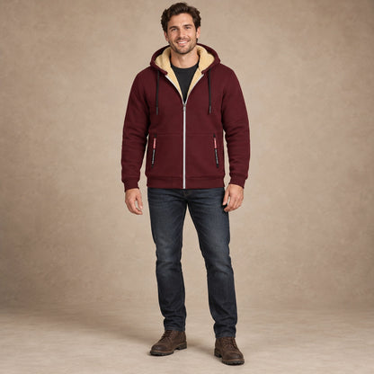 fleece jacket — Men's Fleece Lined Hooded Zip Up Jacket — Liam, Burgundy, complete front view, worn by an adult model