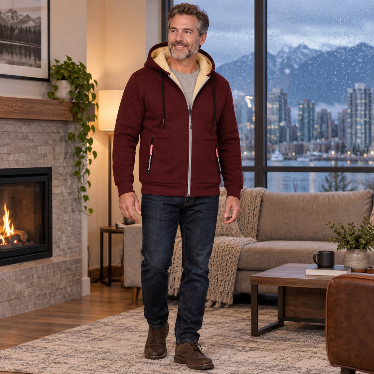 fleece jacket — Men's Fleece Lined Hooded Zip Up Jacket — Liam, Burgundy, three quarter view, worn by an adult — view 10