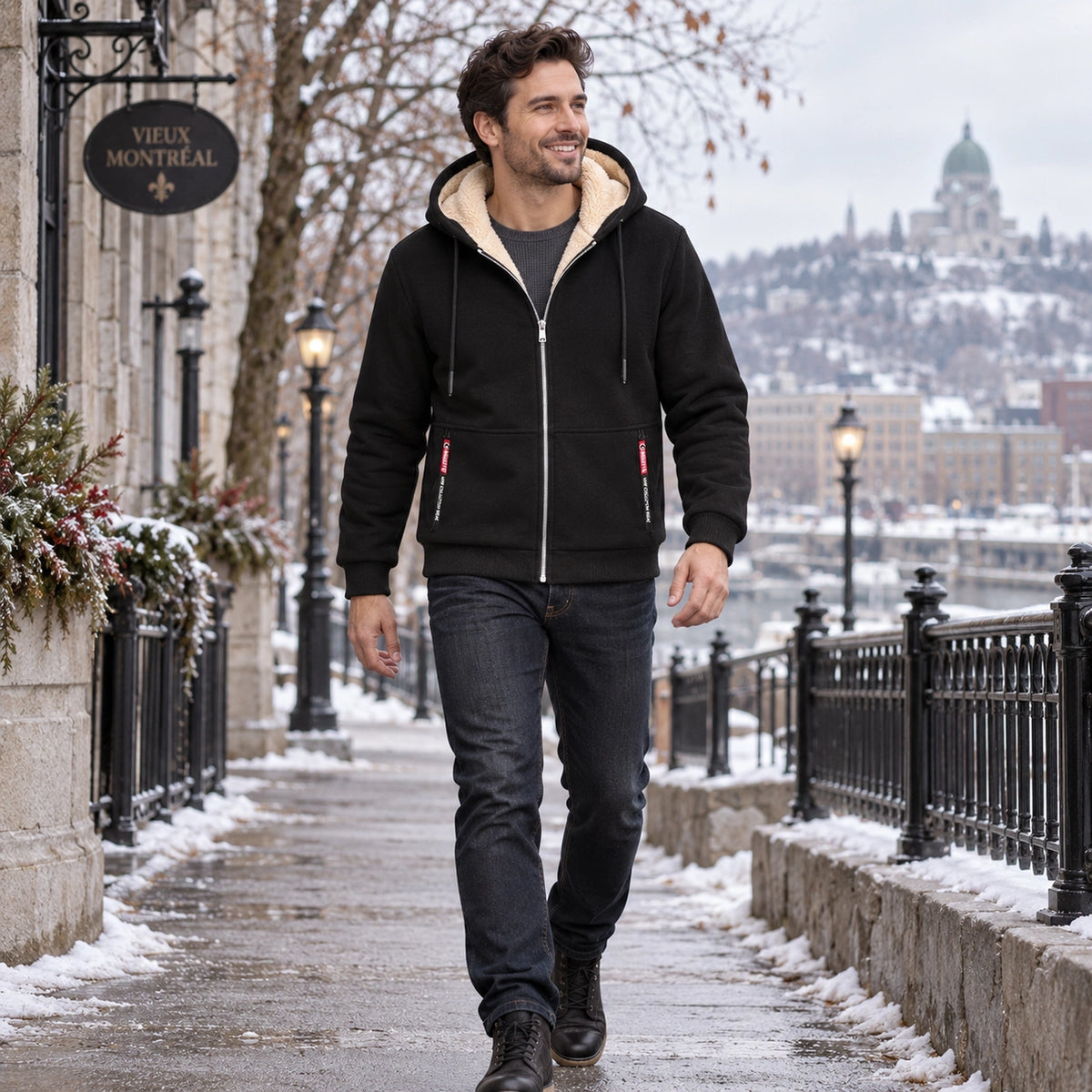 fleece jacket — Men's Fleece Lined Hooded Zip Up Jacket — Liam, Black, view, worn by an adult model, Usa and Canada — view 11
