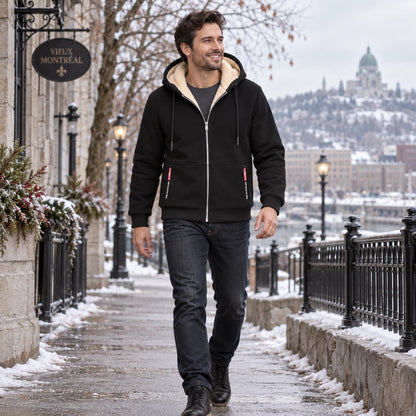 fleece jacket — Men's Fleece Lined Hooded Zip Up Jacket — Liam, Black, view, worn by an adult model, Usa and Canada — view 11