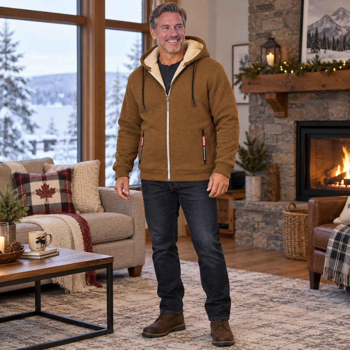 fleece jacket — Men's Fleece Lined Hooded Zip Up Jacket — Liam, Caramel Brown, view, worn by an adult model, Usa — view 12