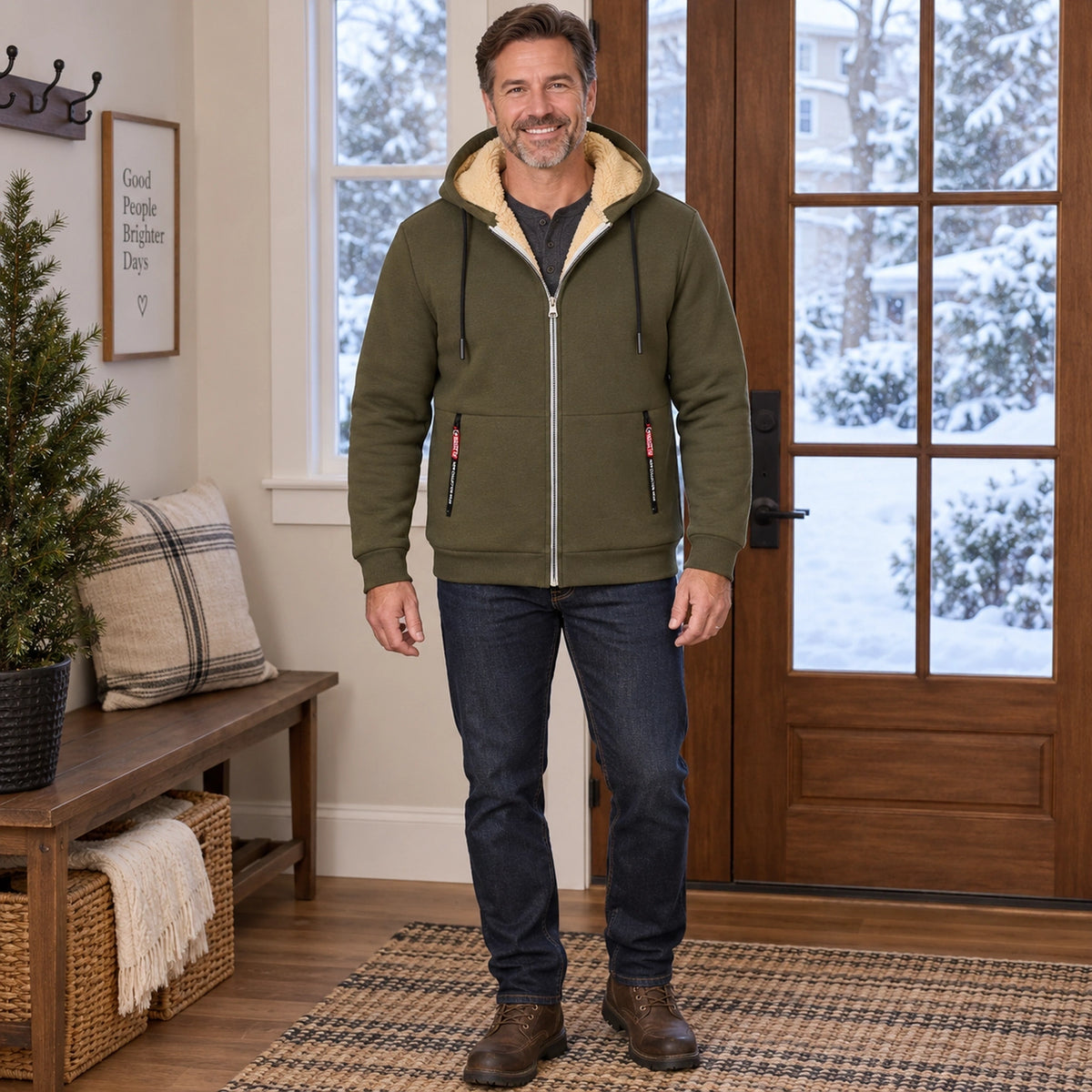 fleece jacket — Men's Fleece Lined Hooded Zip Up Jacket — Liam, Olive Green, complete front view, worn by an adult — view 2