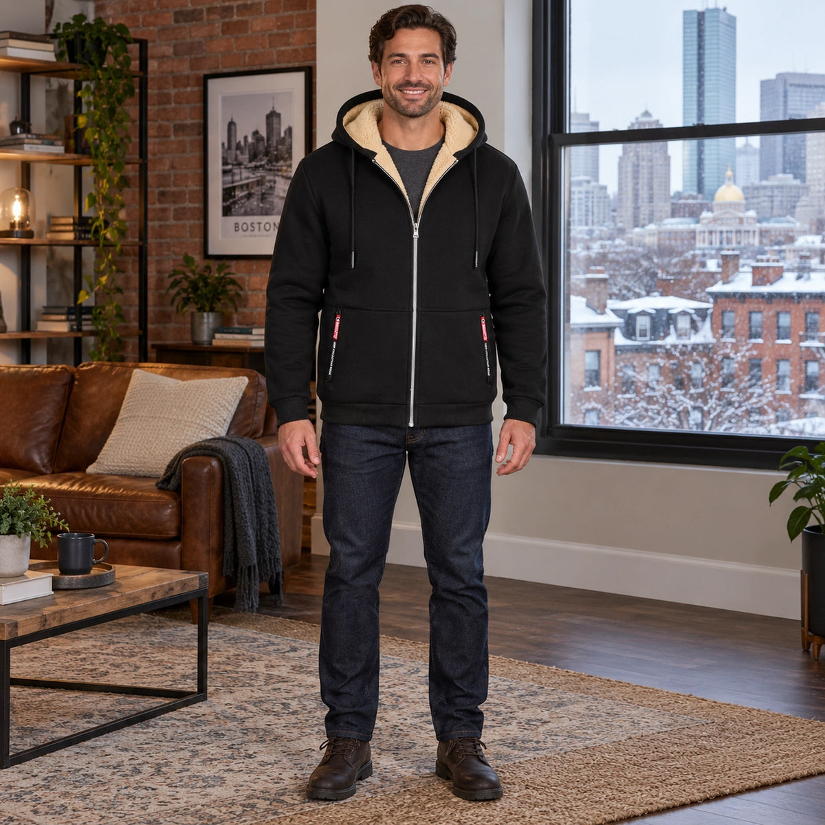 fleece jacket — Men's Fleece Lined Hooded Zip Up Jacket — Liam, Black, complete front view, worn by an adult model — view 3