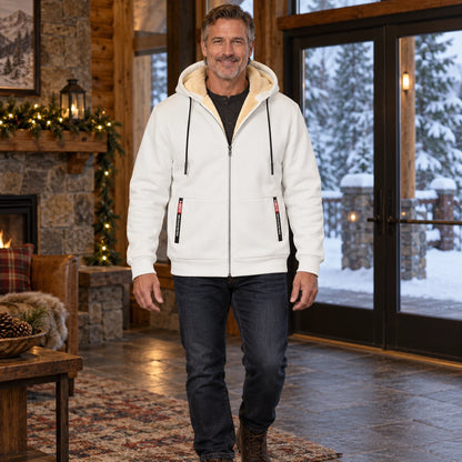 fleece jacket — Men's Fleece Lined Hooded Zip Up Jacket — Liam, White, complete front view, worn by an adult model — view 4