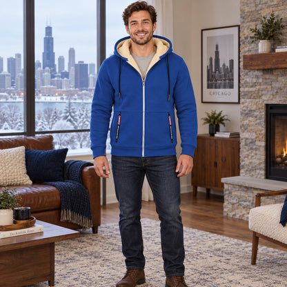fleece jacket — Men's Fleece Lined Hooded Zip Up Jacket — Liam, Royal Blue, complete front view, worn by an adult — view 5