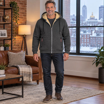 fleece jacket — Men's Fleece Lined Hooded Zip Up Jacket — Liam, Dark Gray, complete front view, worn by an adult — view 8