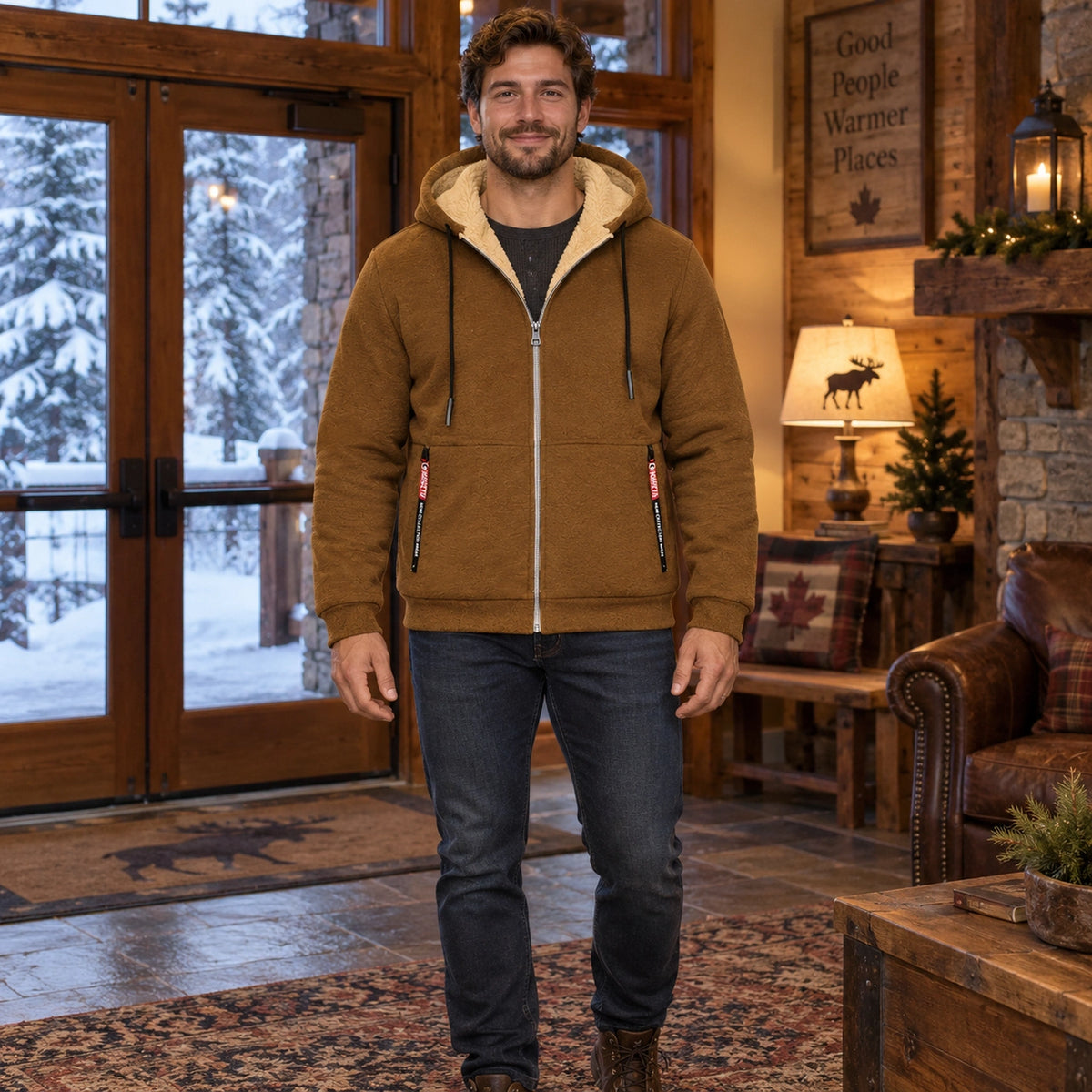 fleece jacket — Men's Fleece Lined Hooded Zip Up Jacket — Liam, Caramel Brown, complete front view, worn by an adult — view 9