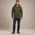 fleece jacket — Men's Fleece Lined Hooded Zip Up Jacket — Logan, Olive Green, complete front view, worn by an adult model