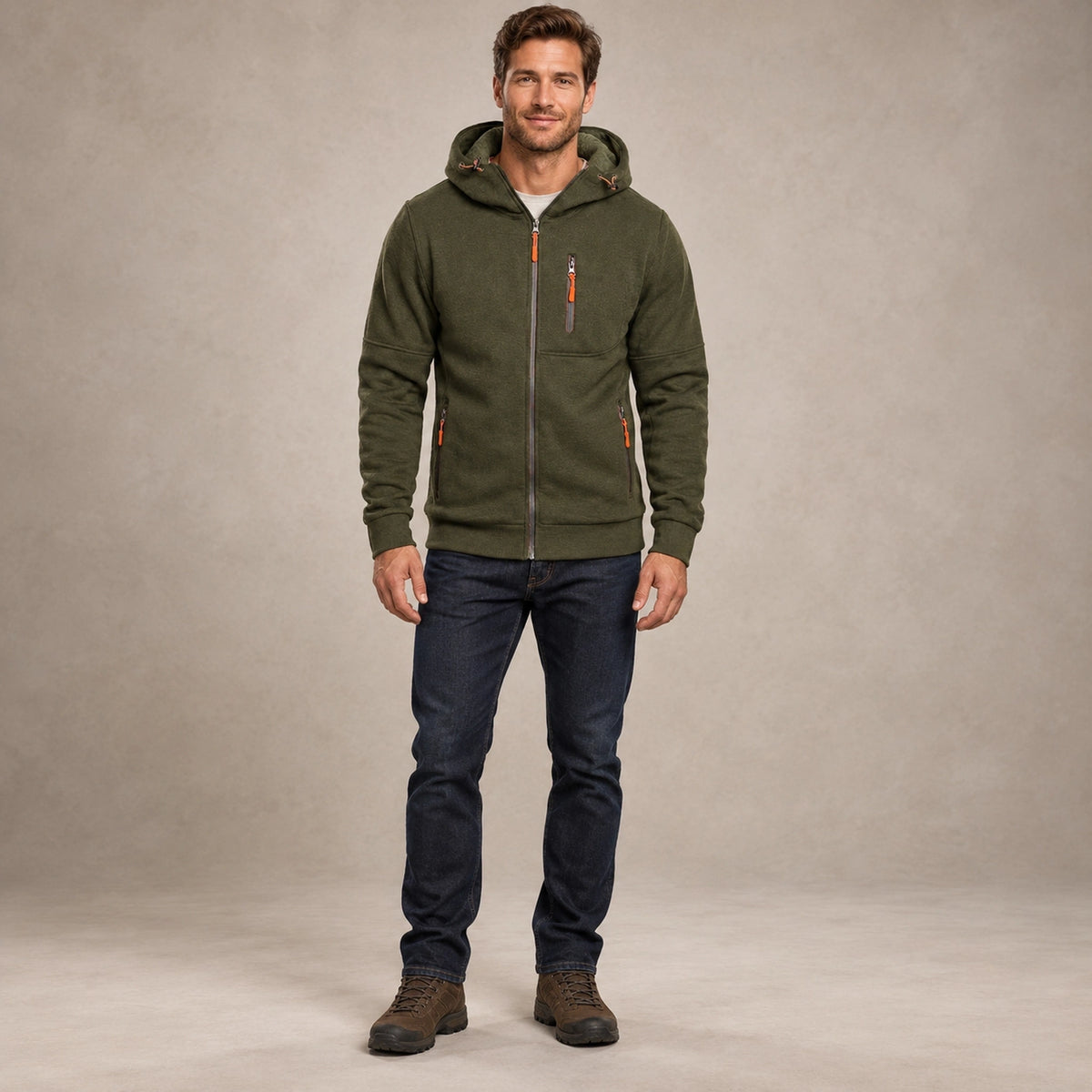 fleece jacket — Men's Fleece Lined Hooded Zip Up Jacket — Logan, Olive Green, complete front view, worn by an adult model