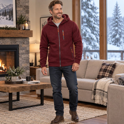 fleece jacket — Men's Fleece Lined Hooded Zip Up Jacket — Logan, Burgundy, view, worn by an adult model, Usa and — view 10