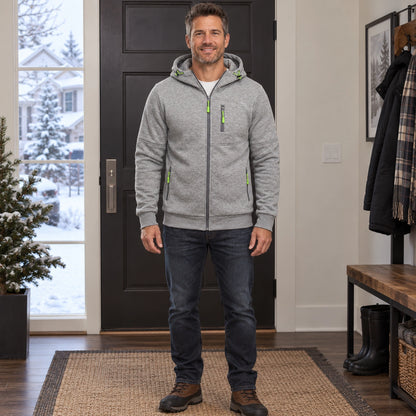 fleece jacket — Men's Fleece Lined Hooded Zip Up Jacket — Logan, Light Gray, complete front view, worn by an adult — view 2