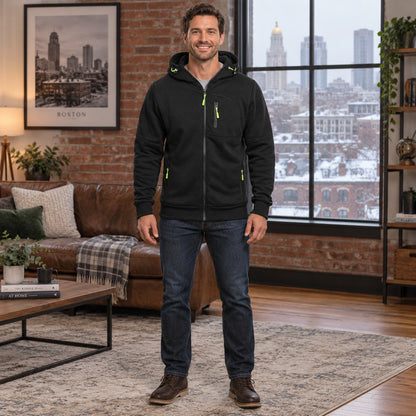 fleece jacket — Men's Fleece Lined Hooded Zip Up Jacket — Logan, Black, complete front view, worn by an adult model — view 3