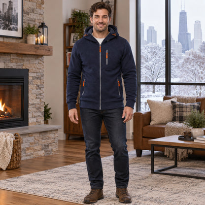 fleece jacket — Men's Fleece Lined Hooded Zip Up Jacket — Logan, Navy Blue, complete front view, worn by an adult — view 5