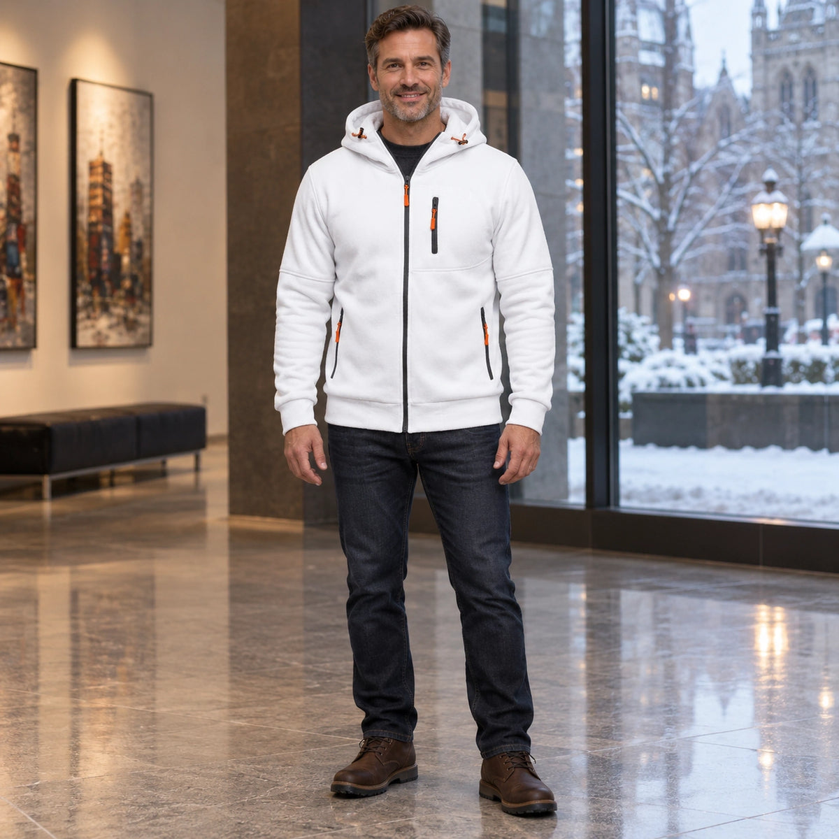 fleece jacket — Men's Fleece Lined Hooded Zip Up Jacket — Logan, White, complete front view, worn by an adult model — view 6