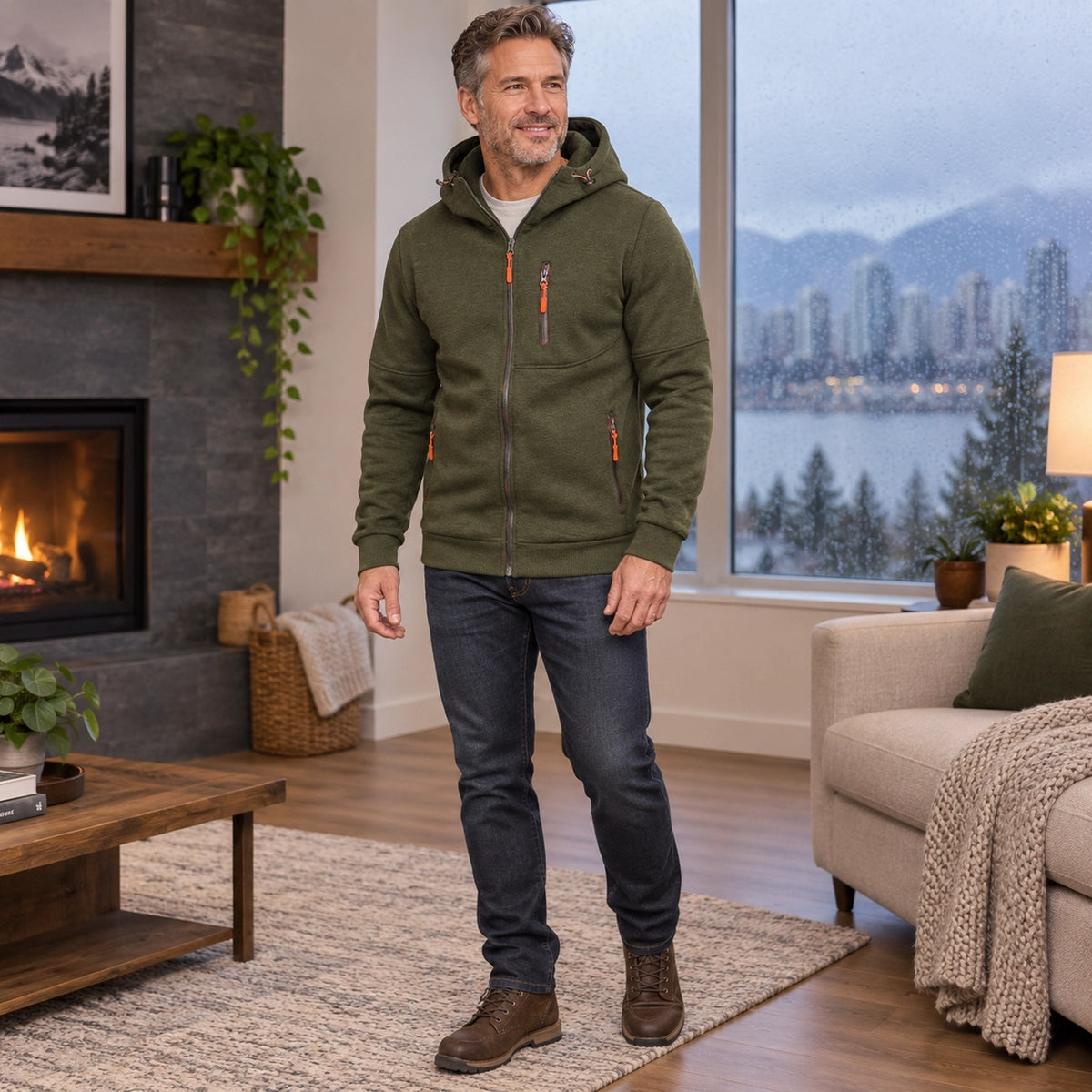 fleece jacket — Men's Fleece Lined Hooded Zip Up Jacket — Logan, Olive Green, three quarter view, worn by an adult — view 8